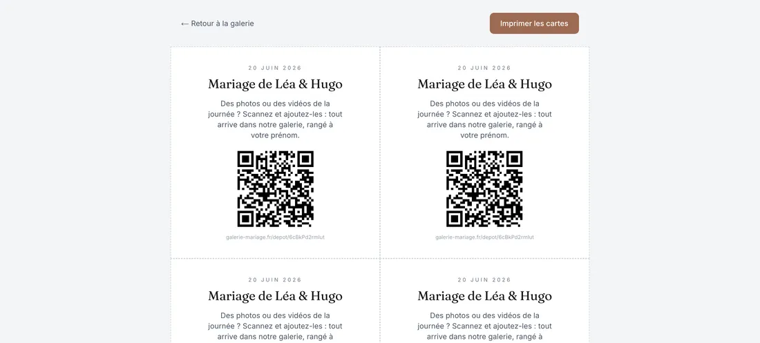 Planche de cartes QR de Galerie Mariage à imprimer pour les invités