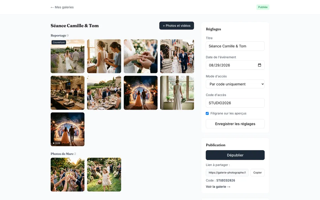 Écran d'édition d'une galerie : photos importées, réglages d'accès et publication